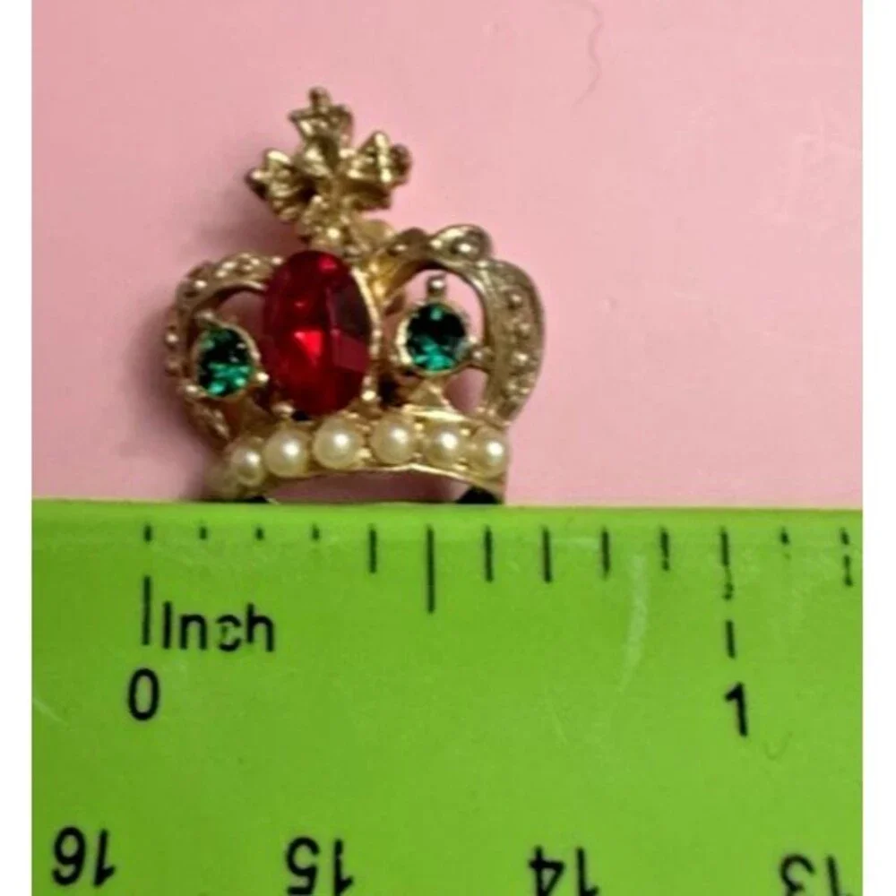 Vintage Crown Brooch Rhinestone Faux Pearl Gold Tone Mini Pin